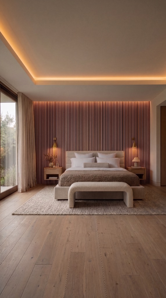 Warm Organic Modern Bedroom with Acoustic Slat Wall & Indirect Cove Wash